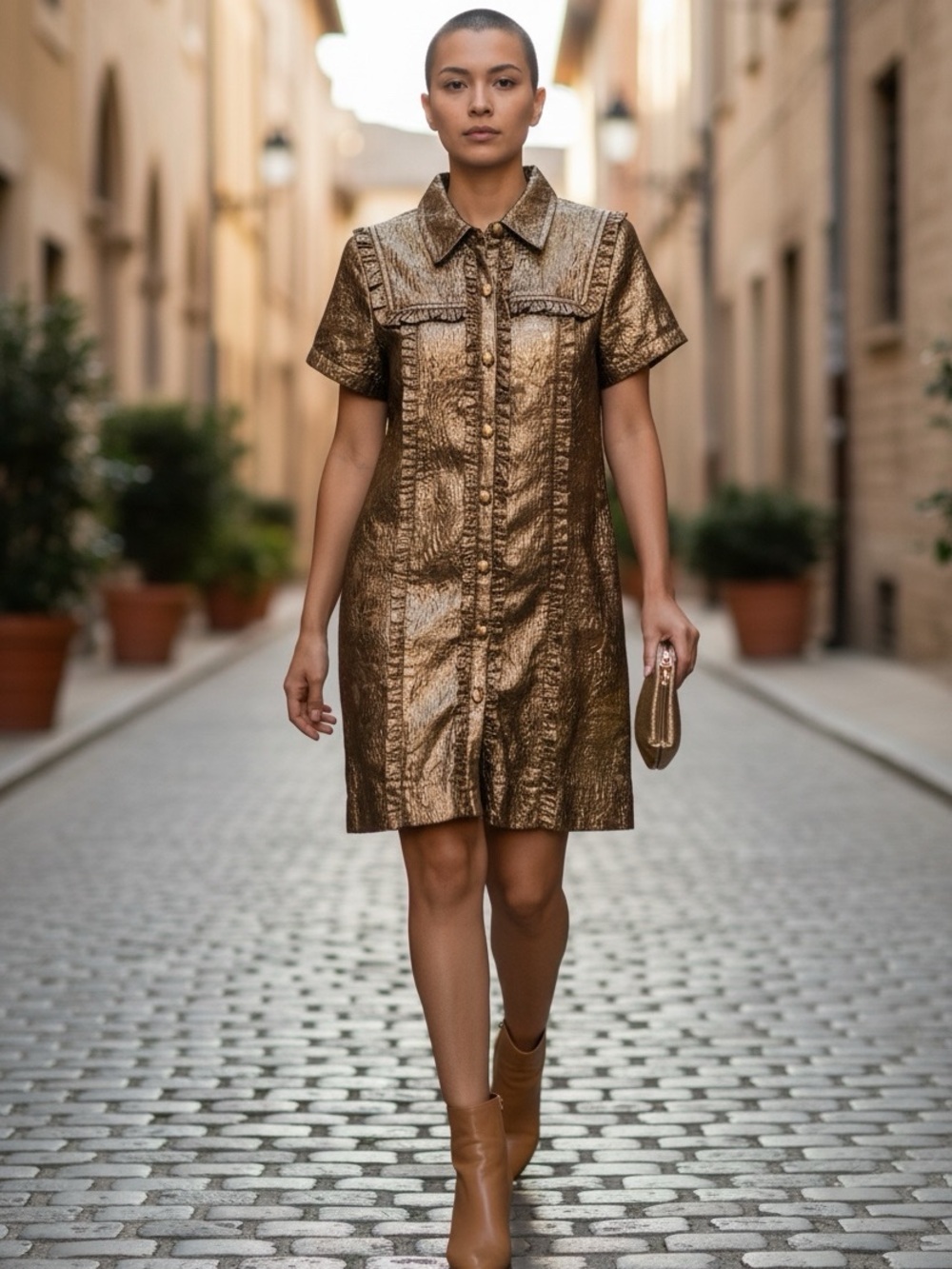 Anthropologie Metallic Bronze Short-Sleeve Shirt Dress size XS - Picture 2 of 8